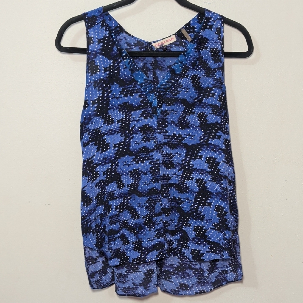 Rebecca Taylor 100% Silk Tank Top Blue + White Polka Dot V-neck Women's Size 6